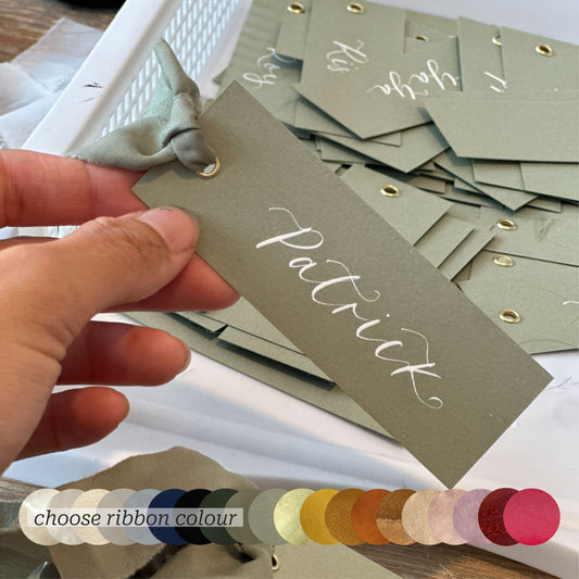 Custom Ribbon Wedding Place Cards | Eucalyptus Card with Your Choice of Ribbon