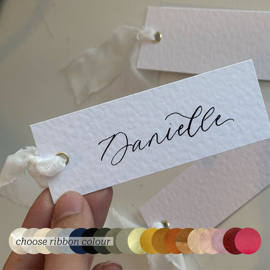 Custom Ribbon Wedding Place Cards | Hammered Card with Your Choice of Ribbon