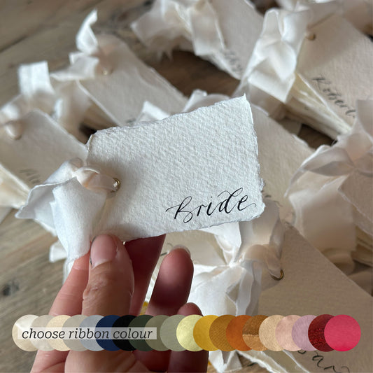 Custom Ribbon Wedding Place Cards | Handmade Paper with Your Choice of Ribbon