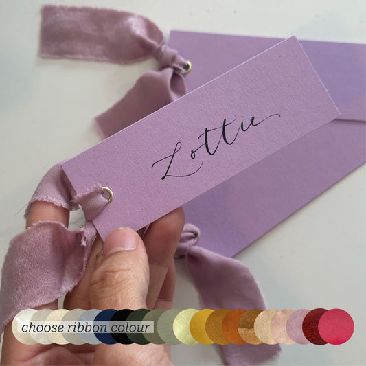 Custom Ribbon Wedding Place Cards | Lavender Lilac Card with Your Choice of Ribbon