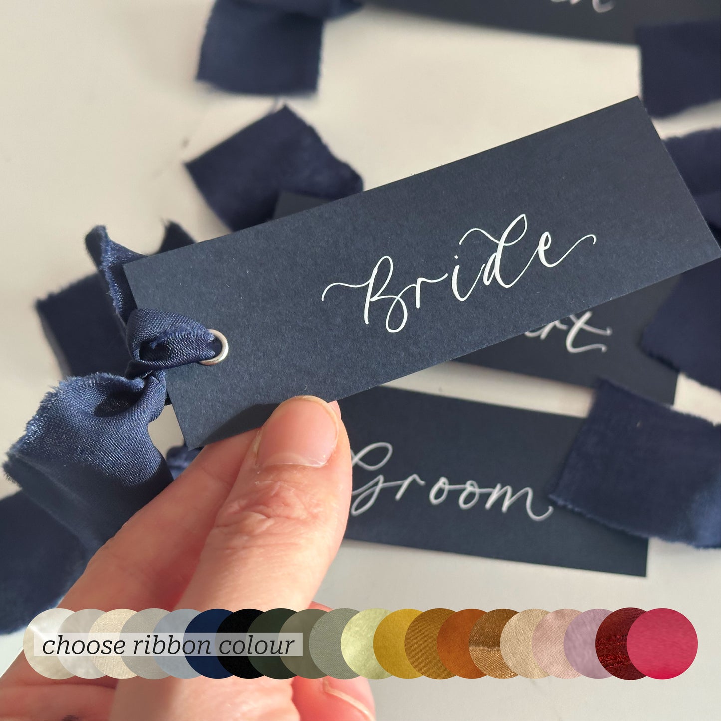 Custom Ribbon Wedding Place Cards | Navy Card with Your Choice of Ribbon