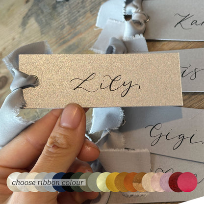 Custom Ribbon Wedding Place Cards | Silver Card with Your Choice of Ribbon