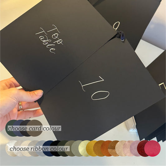 Dark Custom Ribbon Calligraphy Table Name & Number  | Personalised Wedding A5 A6 Sign