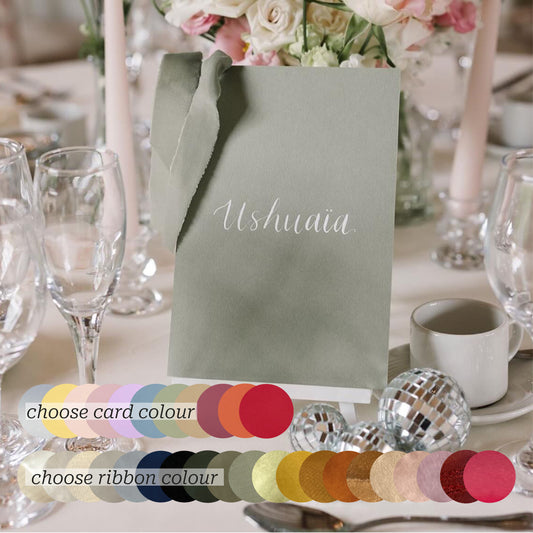 Colourful Custom Ribbon Calligraphy Table Name & Number  | Personalised Wedding A5 A6 Sign