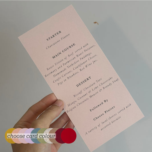 Skinny Wedding Menu Cards | Personalised Printed Menu Cards