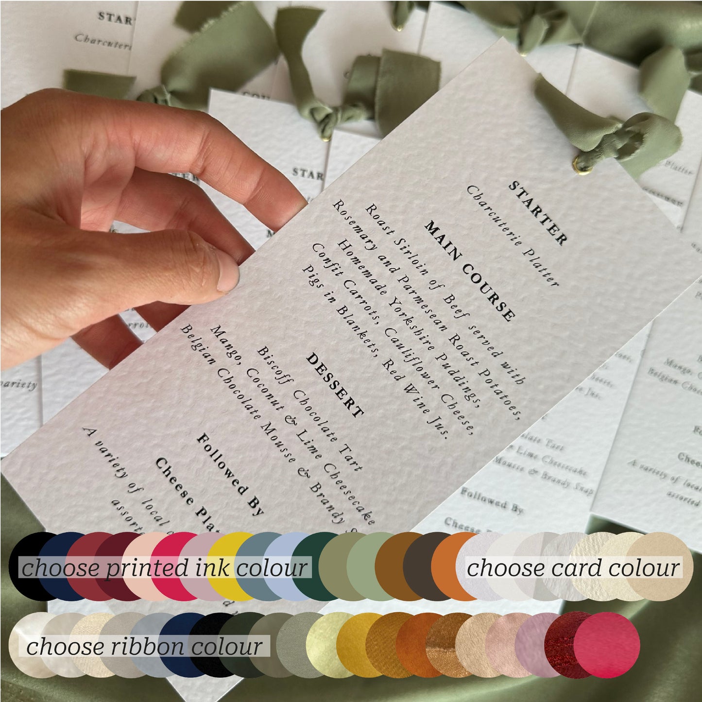 Skinny Wedding Menu Cards with Ribbon | Printed Calligraphy Menus