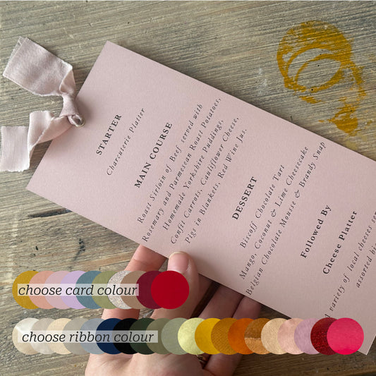 Skinny Wedding Menu Cards with Ribbon | Printed Calligraphy Menus