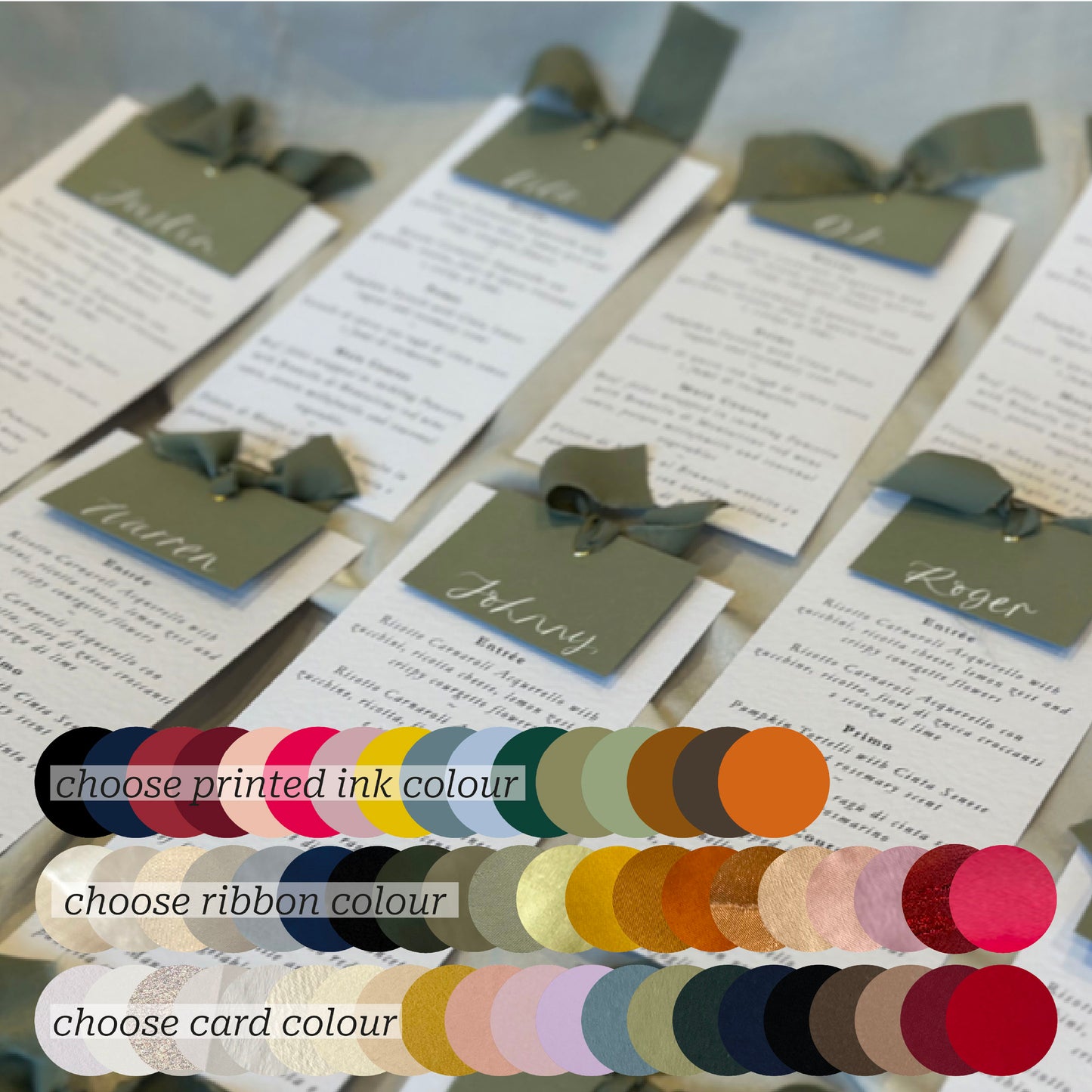 Place Card Wedding Menu with Ribbon | Hammered Skinny Printed Calligraphy Menu