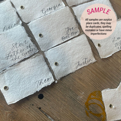 Handmade Paper Wedding Place Card Sample | Handwritten Add Your Own Ribbon