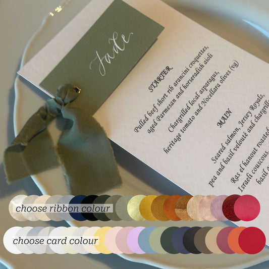 Place Card Wedding Menu with Ribbon | Skinny Printed Calligraphy Menu: Mini Place Card