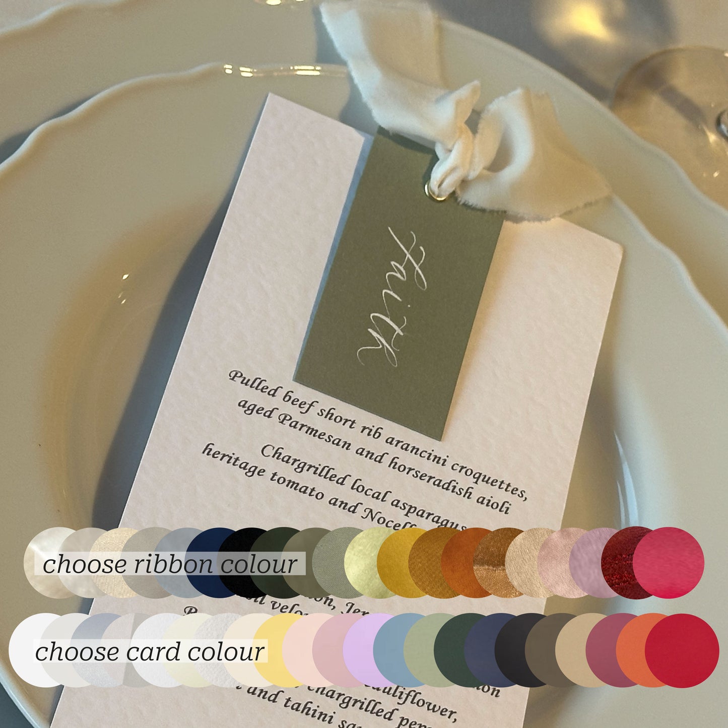Place Card Wedding Menu with Ribbon | Skinny Printed Calligraphy Menu: Mini Place Card