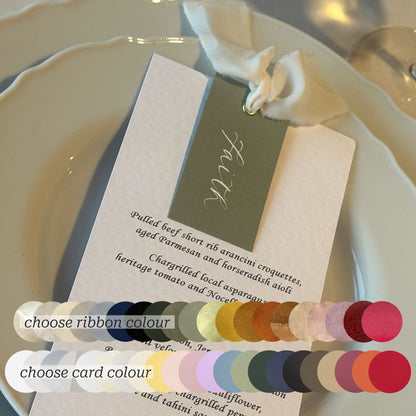 Place Card Wedding Menu with Ribbon | Skinny Printed Calligraphy Menu: Mini Place Card
