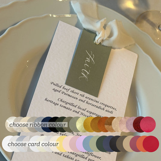 Place Card Wedding Menu with Ribbon | Skinny Printed Calligraphy Menu: Mini Place Card