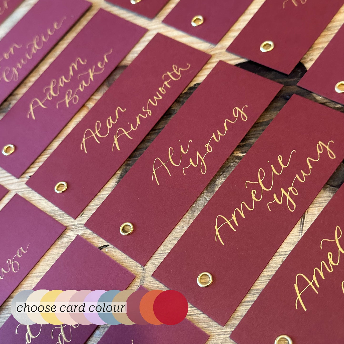 Custom Card Calligraphy Place Card with Eyelet | Colourful DIY Add Own Ribbon Wedding Place Name Card