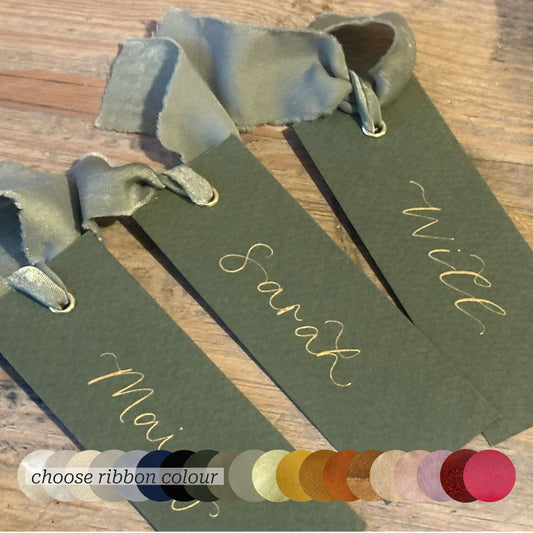 Custom Ribbon Wedding Place Cards | Moss Card with Your Choice of Ribbon