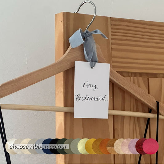 Custom Ribbon Calligraphy Wedding Hanger Tags | A7 White Card Bridal Party Name Tag Your Choice of Ribbon