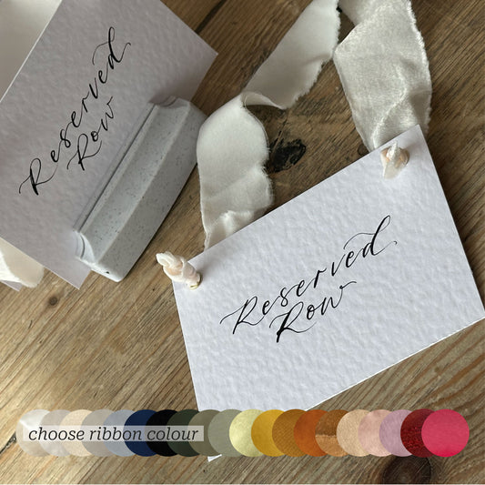 Custom Ribbon Calligraphy Wedding Reserved Chair Sign | A7 Hammered White Reserved Sign with Your Choice of Ribbon
