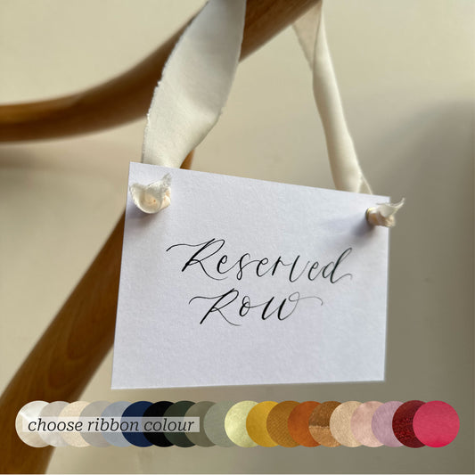Custom Ribbon Calligraphy Wedding Reserved Chair Sign | A7 White Card Reserved Sign with Your Choice of Ribbon