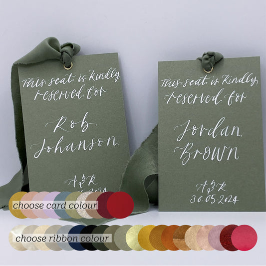 Custom Ribbon Calligraphy Wedding Reserved Chair Sign | A7 Card Reserved Sign with Your Choice of Ribbon