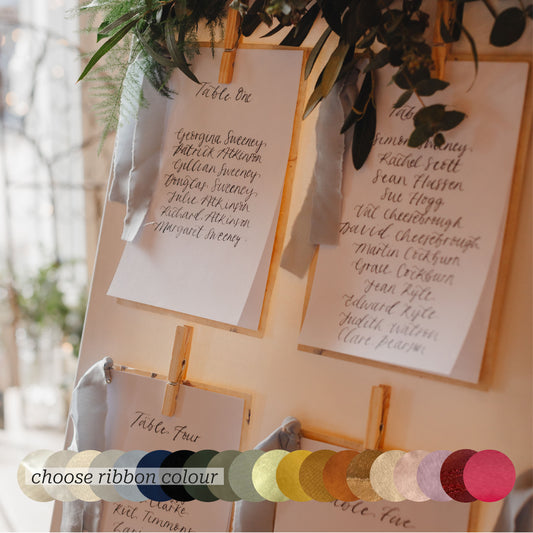 Custom Ribbon Calligraphy Vellum Wedding Table Plan Cards | A5 Personalised Seating Chart Signs