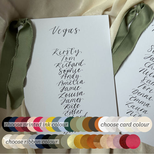 Custom Ribbon Calligraphy Wedding Table Plan Cards | A5 Personalised Seating Chart Signs