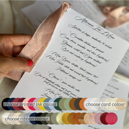 Wedding Menu Cards with Ribbon | A5 Printed Calligraphy Menus