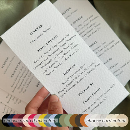 Skinny Wedding Menu Cards | Personalised Printed Menu Cards