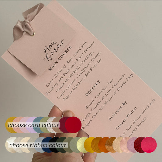 Place Card Wedding Menu with Ribbon | Skinny Printed Calligraphy Menu