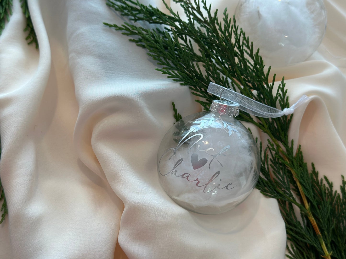 Personalised Feather Glass Bauble | Engagement Wedding Gift Proposal| Christmas White Feather Bauble