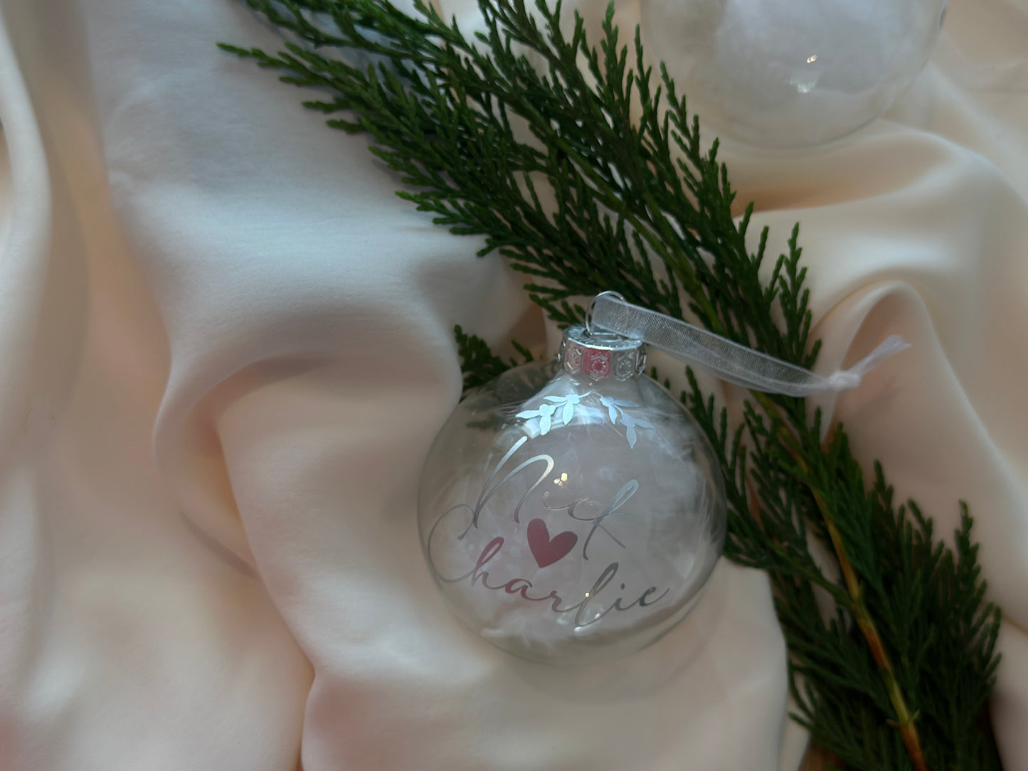 Personalised Feather Glass Bauble | Engagement Wedding Gift Proposal| Christmas White Feather Bauble