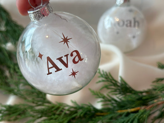 White Feather Personalised Name Glass Bauble | Star Christmas Decoration | First Christmas Bauble