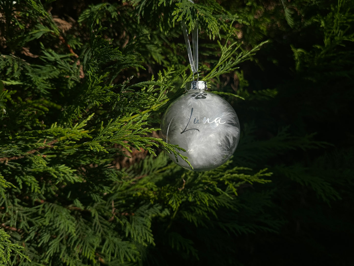 Personalised Pet Glass Bauble, Pet Name White Feather Christmas Bauble, Dog Loss, Cat Memorial Gift