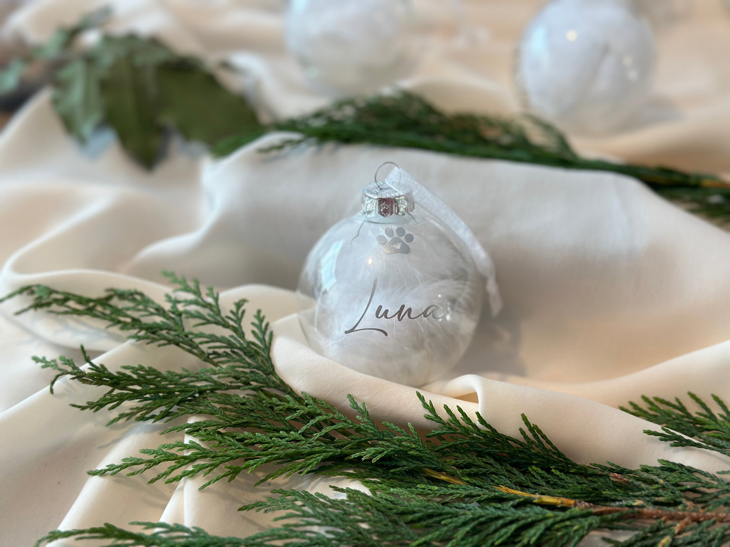 Personalised Pet Glass Bauble, Pet Name White Feather Christmas Bauble, Dog Loss, Cat Memorial Gift