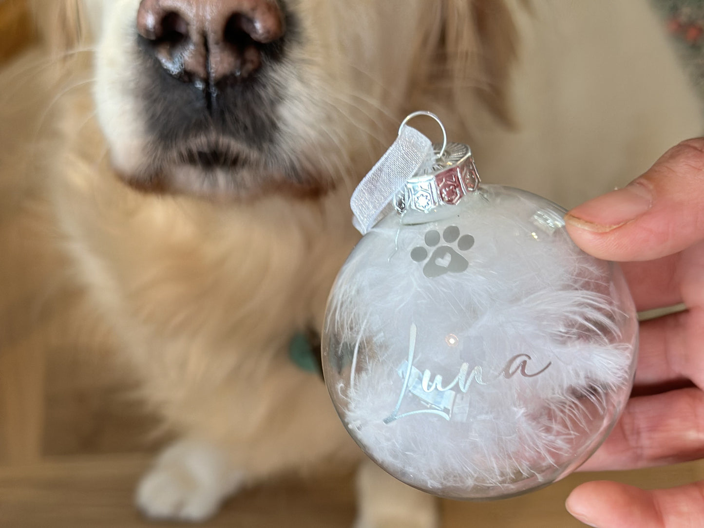 Personalised Pet Glass Bauble, Pet Name White Feather Christmas Bauble, Dog Loss, Cat Memorial Gift