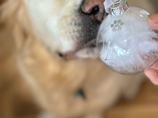 Personalised Pet Glass Bauble, Pet Name White Feather Christmas Bauble, Dog Loss, Cat Memorial Gift