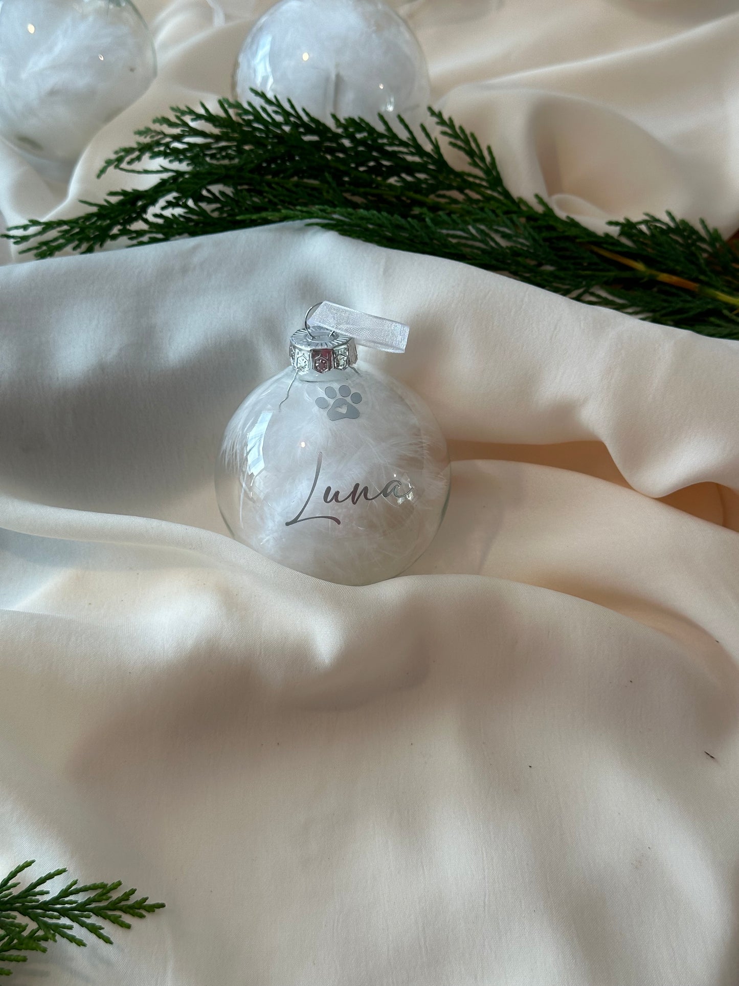 Personalised Pet Glass Bauble, Pet Name White Feather Christmas Bauble, Dog Loss, Cat Memorial Gift