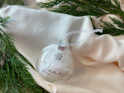 Personalised Pet Glass Bauble, Pet Name White Feather Christmas Bauble, Dog Loss, Cat Memorial Gift