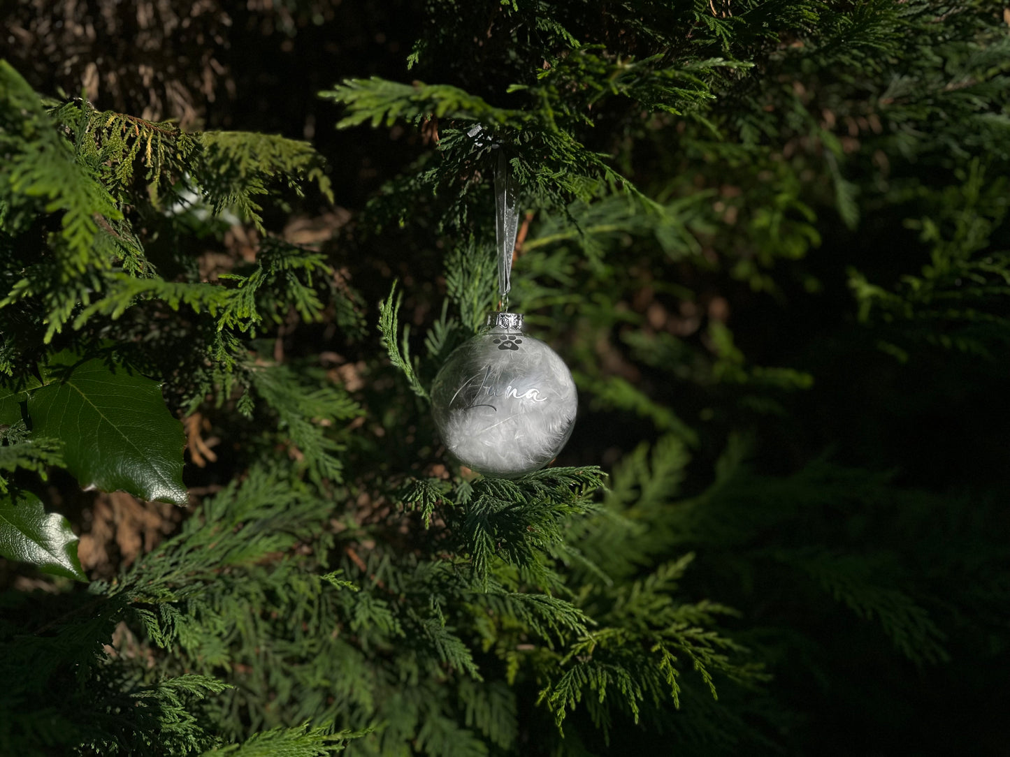 Personalised Pet Glass Bauble, Pet Name White Feather Christmas Bauble, Dog Loss, Cat Memorial Gift