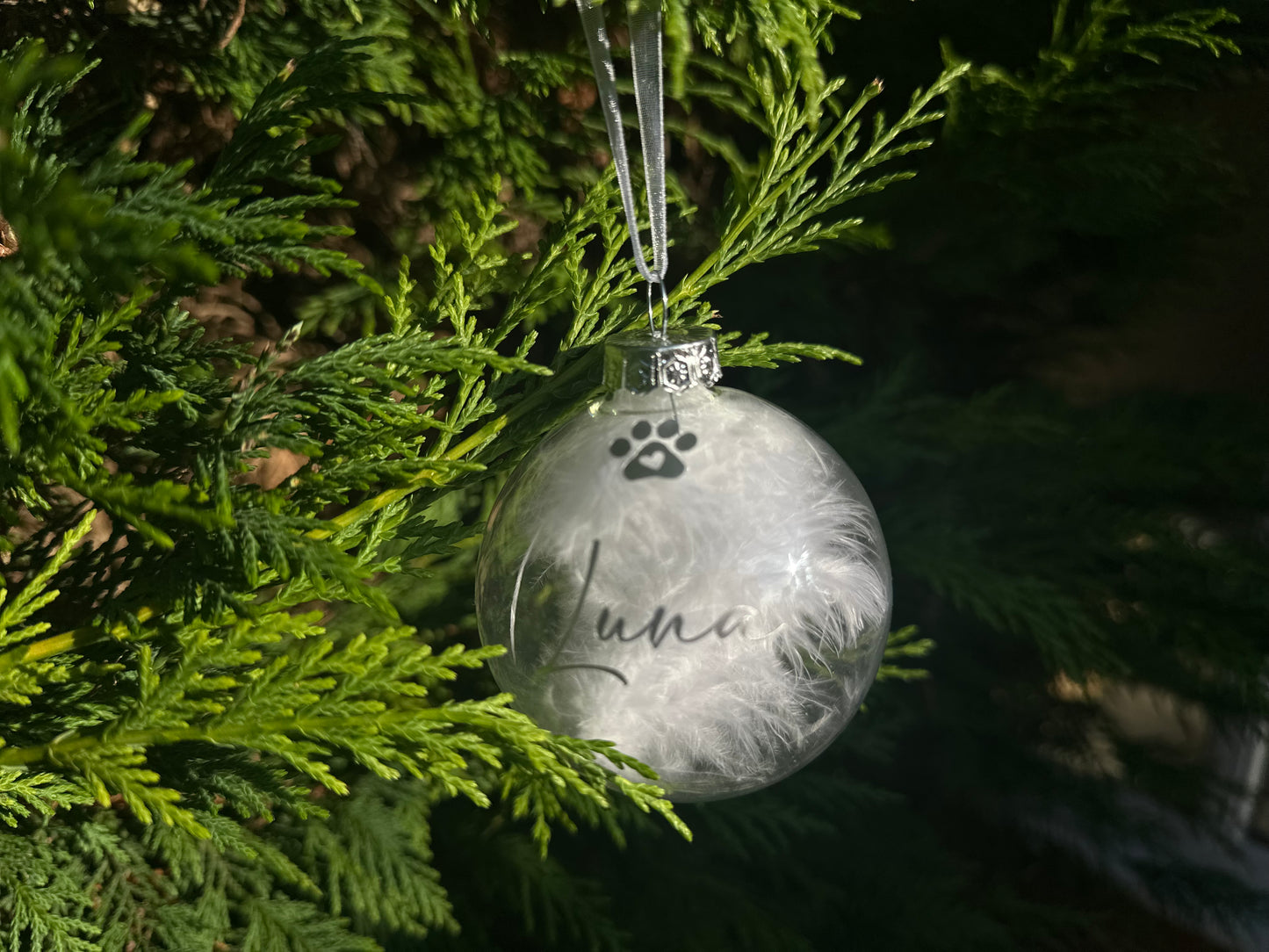 Personalised Pet Glass Bauble, Pet Name White Feather Christmas Bauble, Dog Loss, Cat Memorial Gift