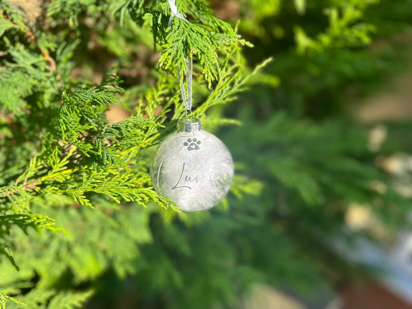 Personalised Pet Glass Bauble, Pet Name White Feather Christmas Bauble, Dog Loss, Cat Memorial Gift