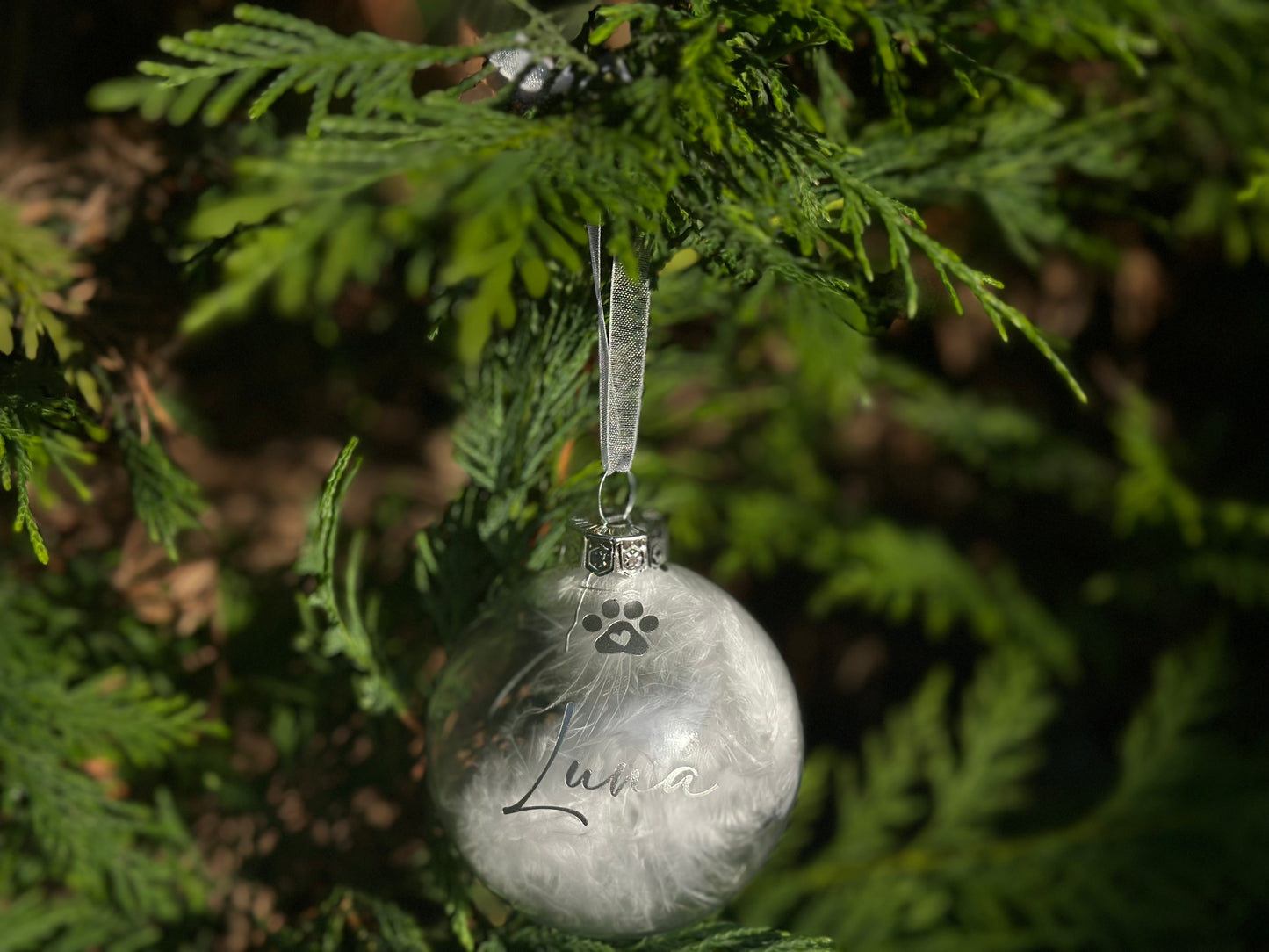 Personalised Pet Glass Bauble, Pet Name White Feather Christmas Bauble, Dog Loss, Cat Memorial Gift