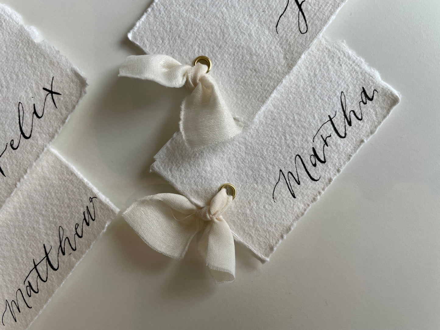 Handmade Paper Place Card Chiffon Ribbon | Calligraphy Wedding Place Name Card | Gold or Silver Eyelet