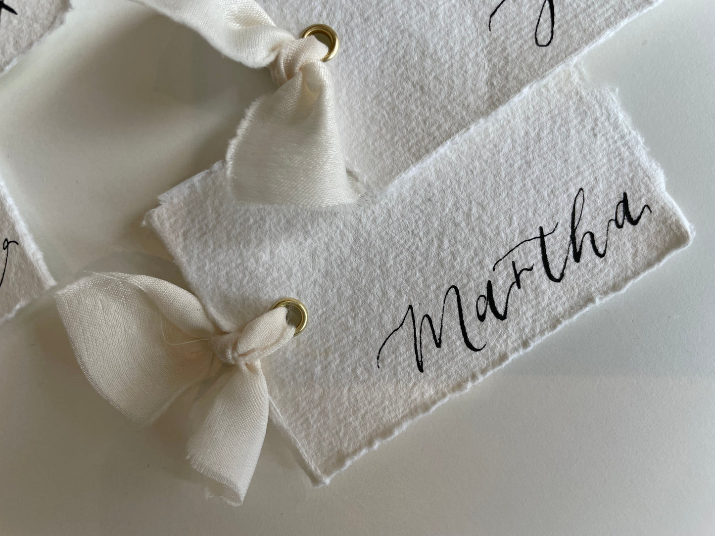Handmade Paper with Champagne Chiffon | Calligraphy Wedding Place Name Card | Gold or Silver Eyelet