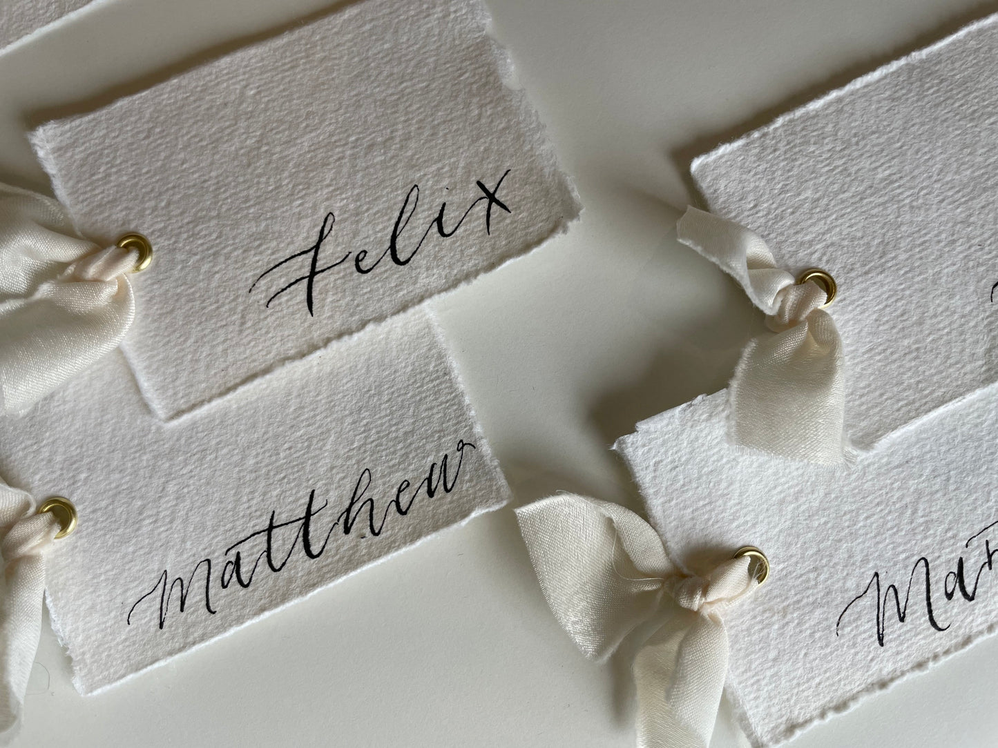 Handmade Paper with Champagne Chiffon | Calligraphy Wedding Place Name Card | Gold or Silver Eyelet