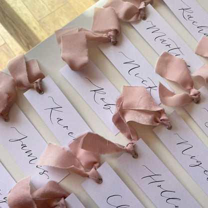 BLUSH Chiffon Ribbon Calligraphy Place Name Card | White Calligraphy Wedding Place Name Card | Gold or Silver Eyelet
