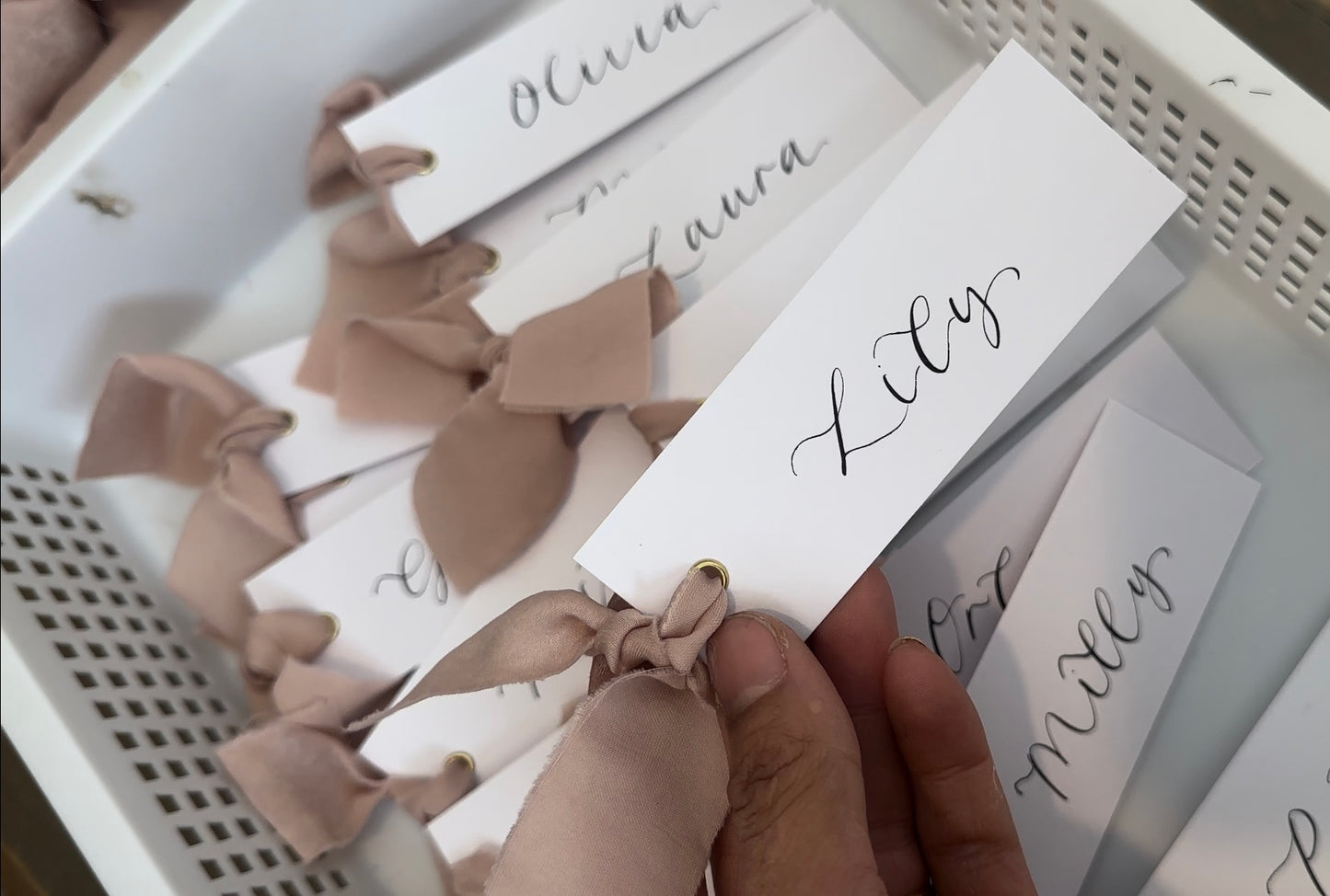 BLUSH Chiffon Ribbon Calligraphy Place Name Card | White Calligraphy Wedding Place Name Card | Gold or Silver Eyelet