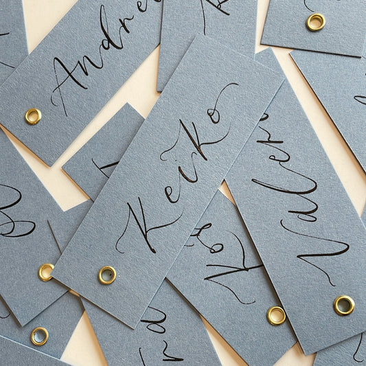DUSKY BLUE Calligraphy Place Name Card | Matte Coloured Card with Hand Written Calligraphy optional gold or silver eyelet