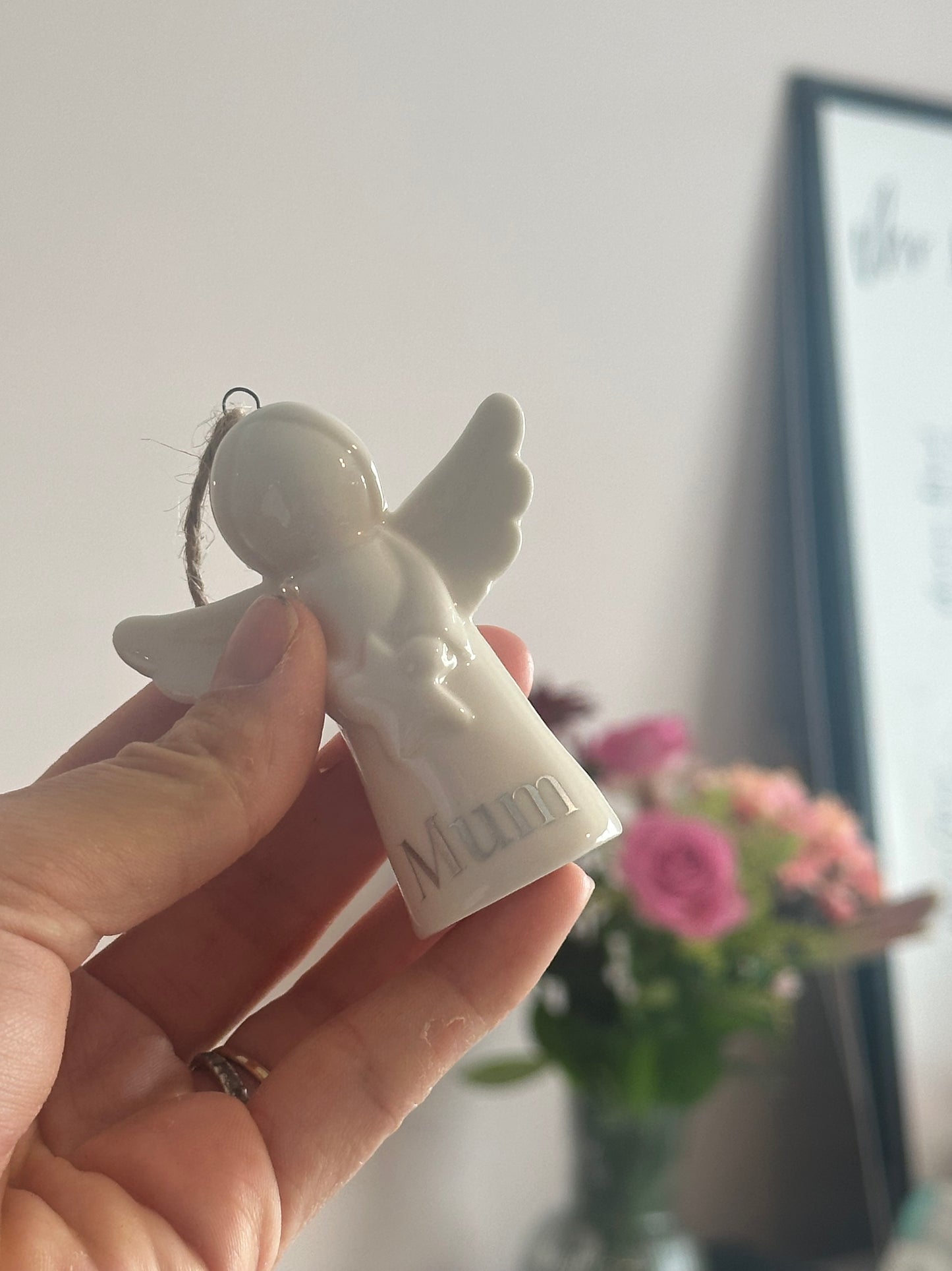 Personalised Angel Tree Decoration: White Glazed Ceramic Remembrance Angel Hanging Ornament [Christmas Bereavement Parent Baby Loss]