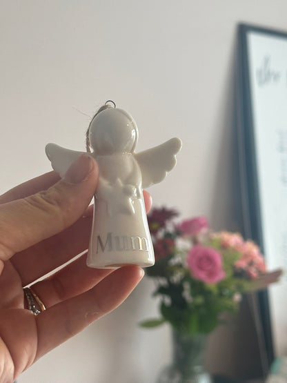 Personalised Angel Tree Decoration: White Glazed Ceramic Remembrance Angel Hanging Ornament [Christmas Bereavement Parent Baby Loss]
