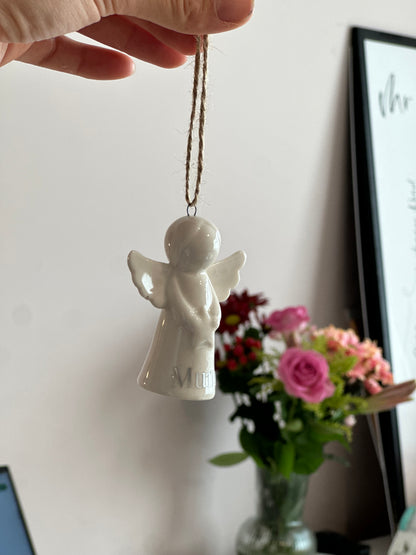Personalised Angel Tree Decoration: White Glazed Ceramic Remembrance Angel Hanging Ornament [Christmas Bereavement Parent Baby Loss]